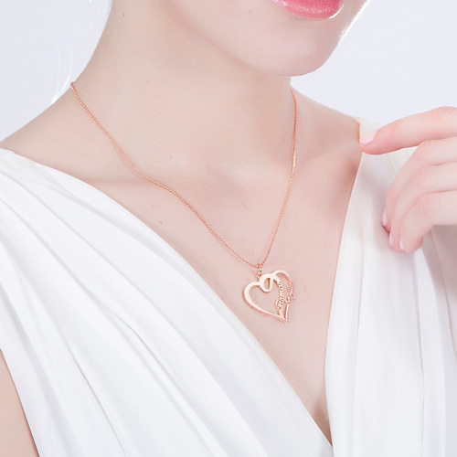 Love Heart Necklace With Two Names In Rose Gold