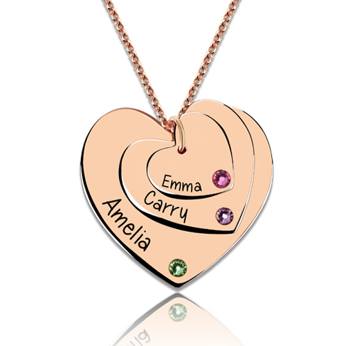 Triple Heart Necklace With Birthstones In Rose Gold