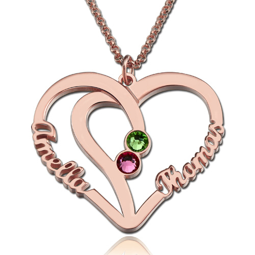 Heart Name Necklace Two Birthstones Rose Gold