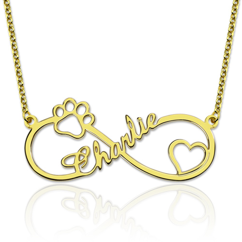Infinity Paw Print Name Necklace Gold Plated