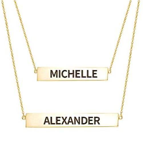 Engraved Bar Necklace Set Gold Plated