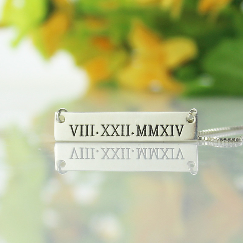 Custom Roman Numeral Bar Necklace Sterling Silver