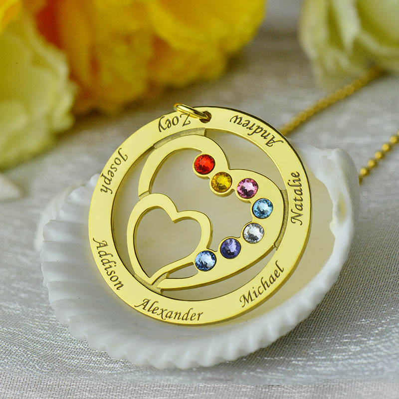 Heart in Heart Birthstone Name Necklace Gold Plated