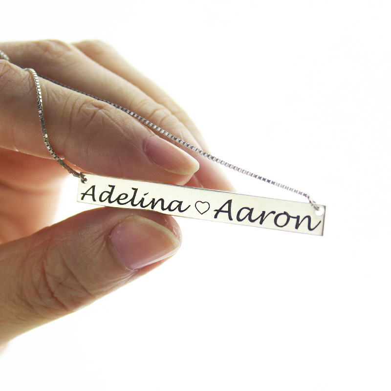 Couple Bar Necklace Engraved Name Sterling Silver