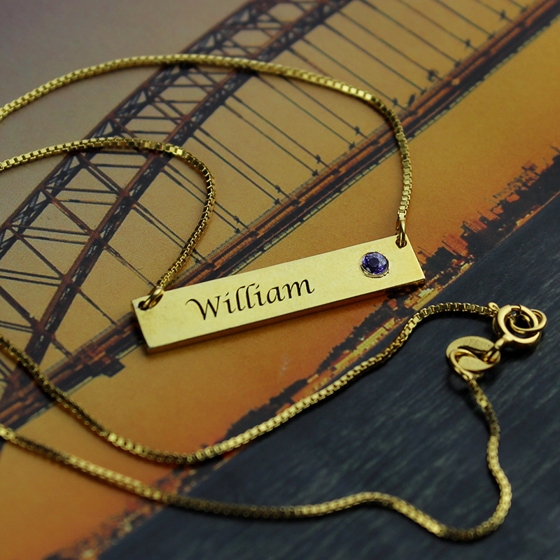 Name Bar Necklace with Birthstone 18K Gold Plated