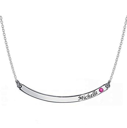 Personalized Silver Curved Bar Necklace with Birthstone