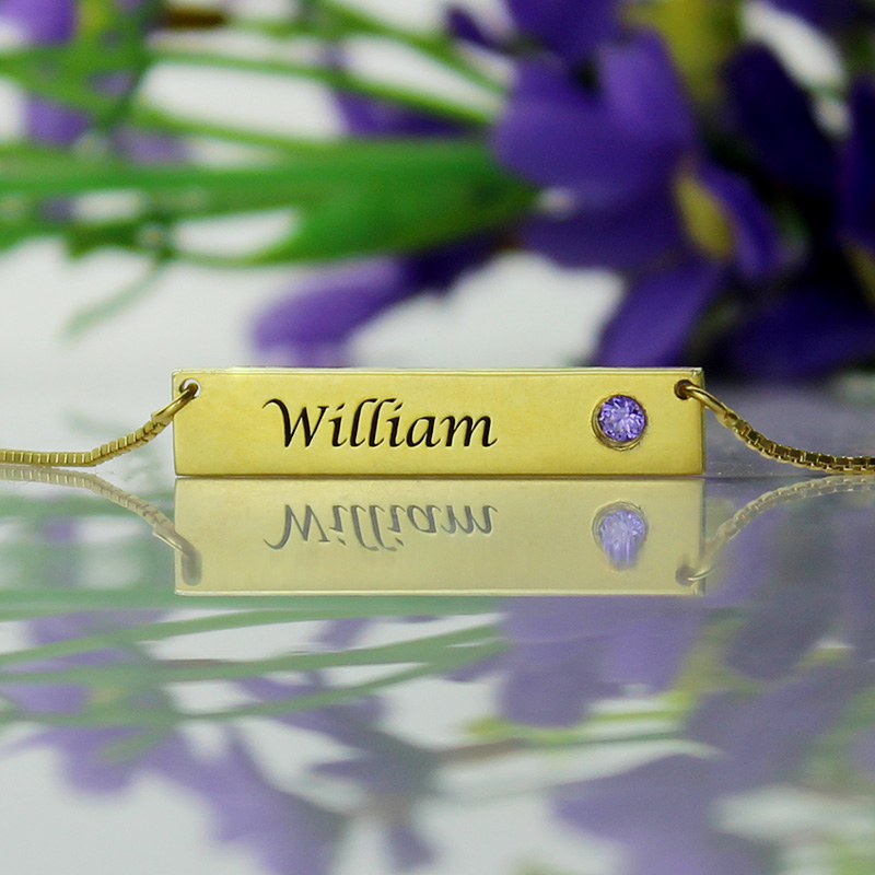 Name Bar Necklace with Birthstone 18K Gold Plated