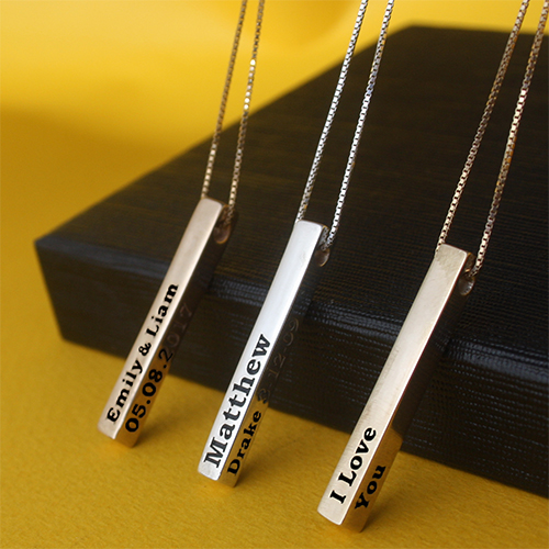 3D Engraved Bar Necklace in Silver